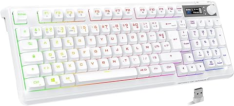 Spirit Of Gamer - Elite K60, Clavier Gamer Semi-Mécanique sans Fil Bluetooth Rechargeable, Autonomie 360h, Connexion 2.4 GHZ, Ecran LCD, 15 Effets Rétroéclairage RGB, 19 Touches Anti-Ghisting, Blanc