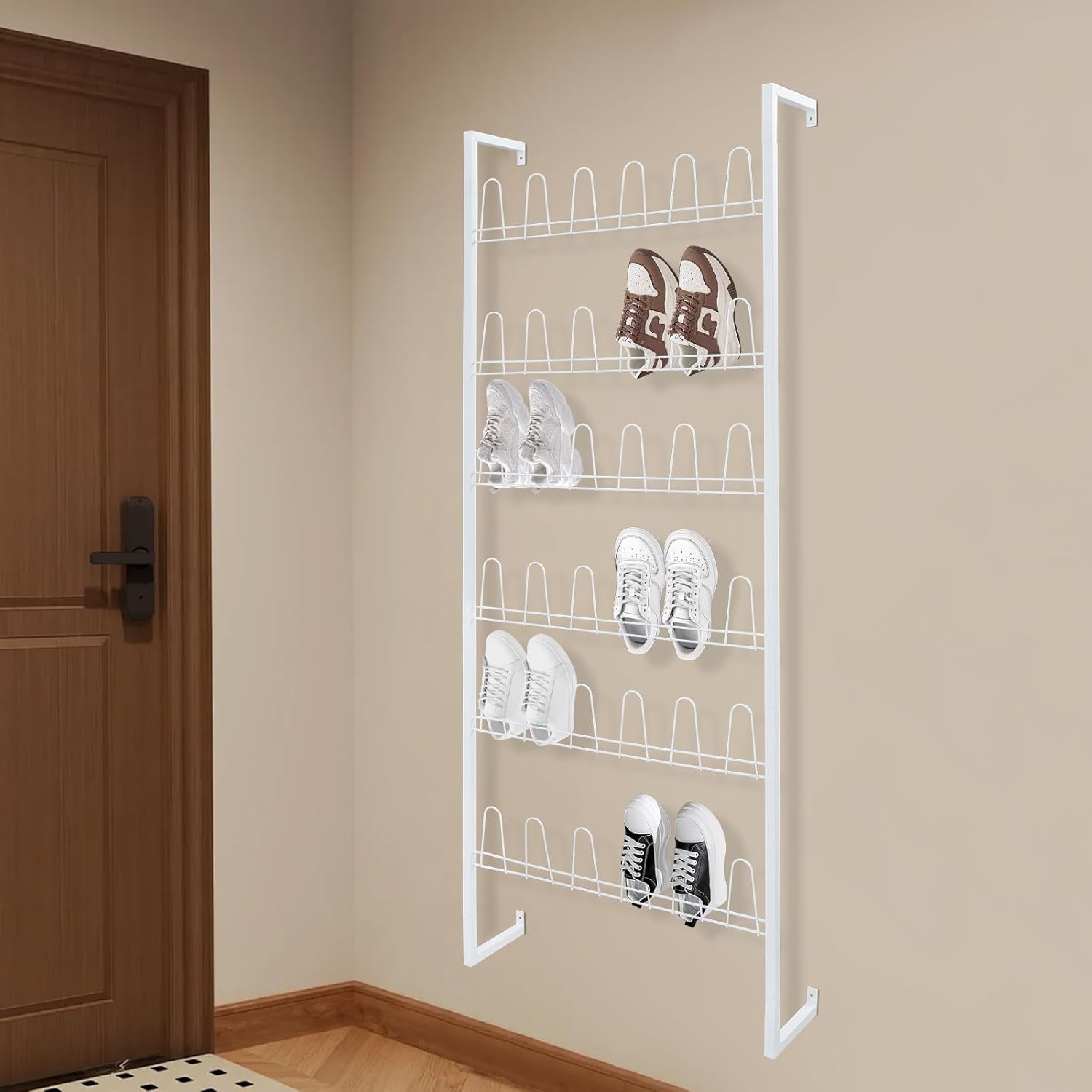 6 Tiers Wall Mounted Shoe Rack, Hanging Wire Shoes Rack with 18 Pairs of Shoes Capacity, Metal Hanging Shoe Rack for Living Rooms, Bedrooms, Cloakrooms, Entryways (White)