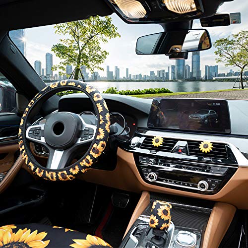 12 PCS Sunflower Car Accessories,2PCS Front Sunflowers Car Seat Covers,Sunflower for Steering Wheel Cover,Vehicle Center Console Armrest Cover Pad,2 Seat Belt Cover,2 Car Coasters,3 Keyring,Car Vent - Thumbnail 3
