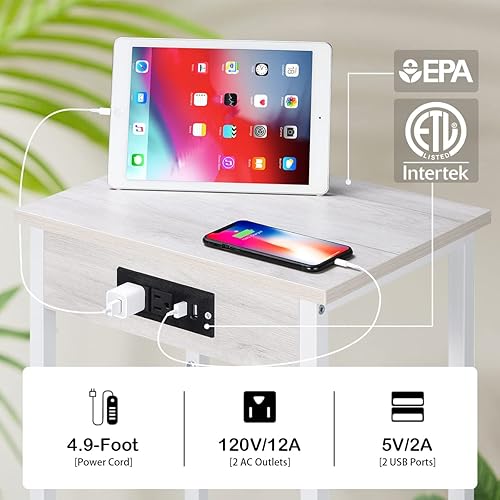 Miniatura 4 de Juego de 2 mesitas de noche, mesa auxiliar con estación de carga y puertos USB, mesas auxiliares estrechas de 2 niveles para dormitorio con estante