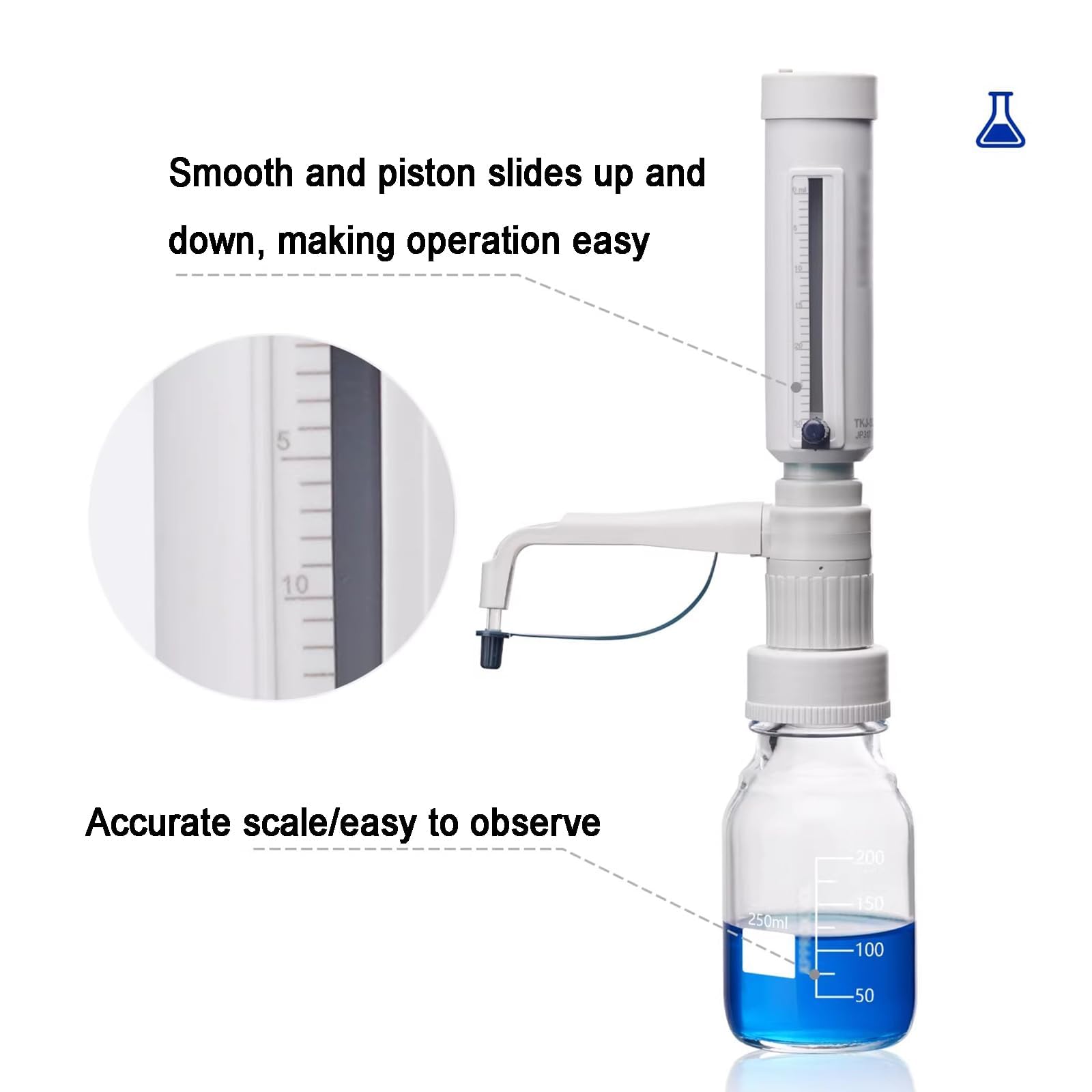 Bureta líquida de laboratorio con dispensador superior de botella, manipulación de líquidos reactivos, pruebas de investigación de laboratorio, botella de vidrio de borosilicato de 500 ml