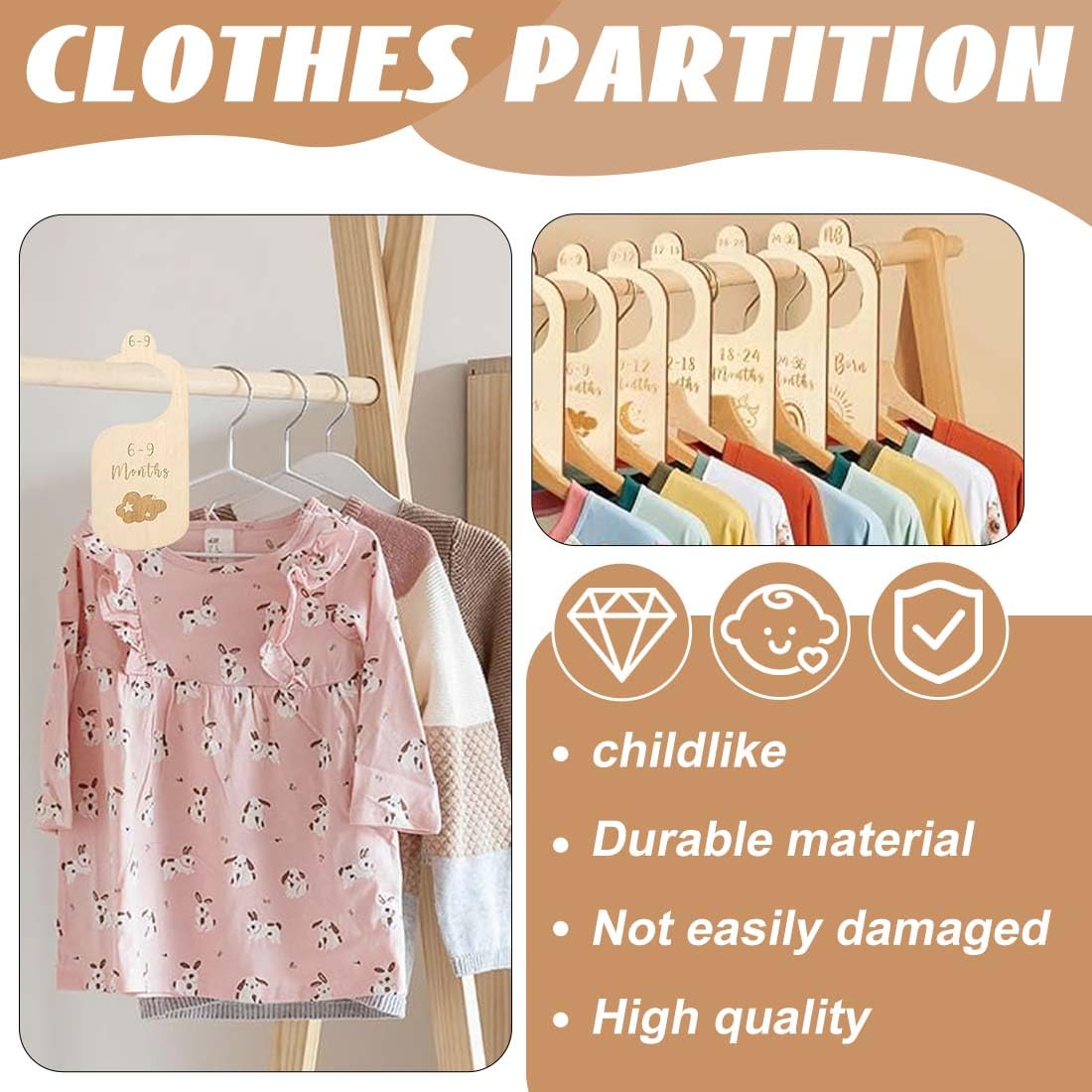 7 Pezzi Divisorio Per Armadio Bambini In Legno, Organizer Guardaroba Neonato Separatori Per Abbigliamento Per Classificare Vestiti Da 0 A 24 Mesi
