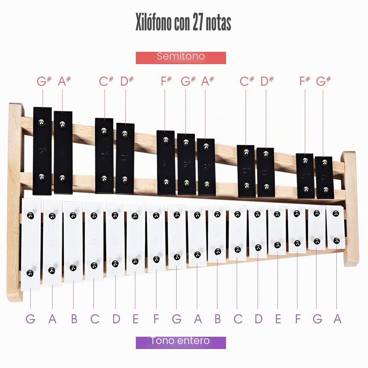 KOMFOTTEU Xilófono de 27 Notas, Glockenspiel con Teclas de Aluminio y Base de Madera, Instrumento de Percusión con 2 Mazos, Bolsa de Transporte, Carrillón para Niños y Adultos