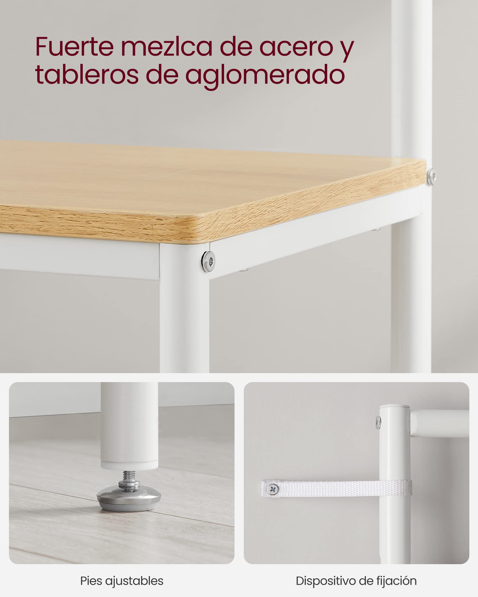 VASAGLE Perchero Zapatero, Perchero Recibidor con Ganchos, Espejo, Banco Zapatero y Estantes, 35 x 98 x 180 cm, Pasillo Dormitorio Salón, Moderno, Roble y Blanco Nube HSR415W09