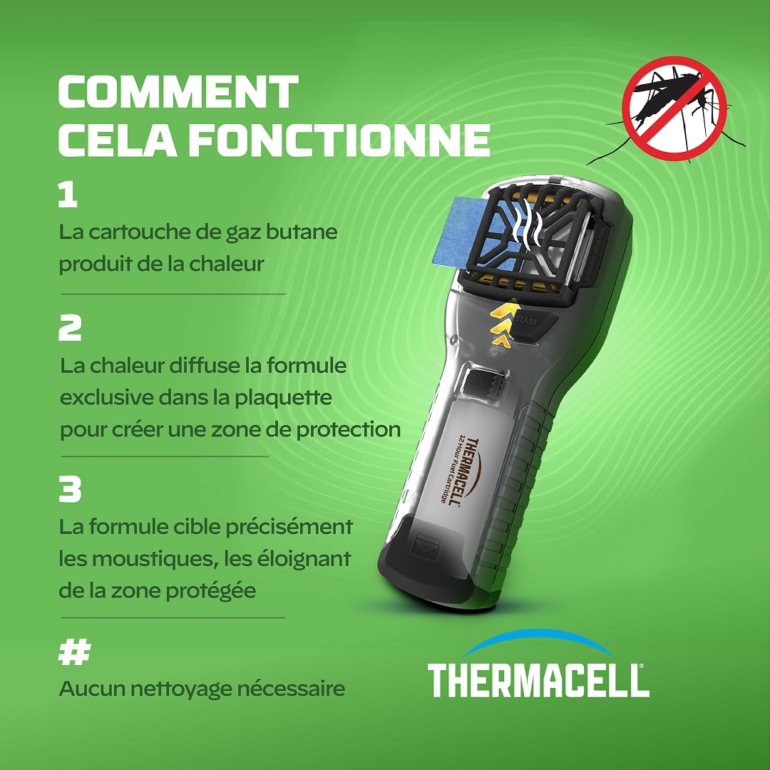 THERMACELL Diffuseur Anti Moustiques Portable Nomade - 15m² - 12h - Vert | Répulsif - Inodore - 1 Cartouche Gaz + 3 Plaquettes - THNATNOMADVERT