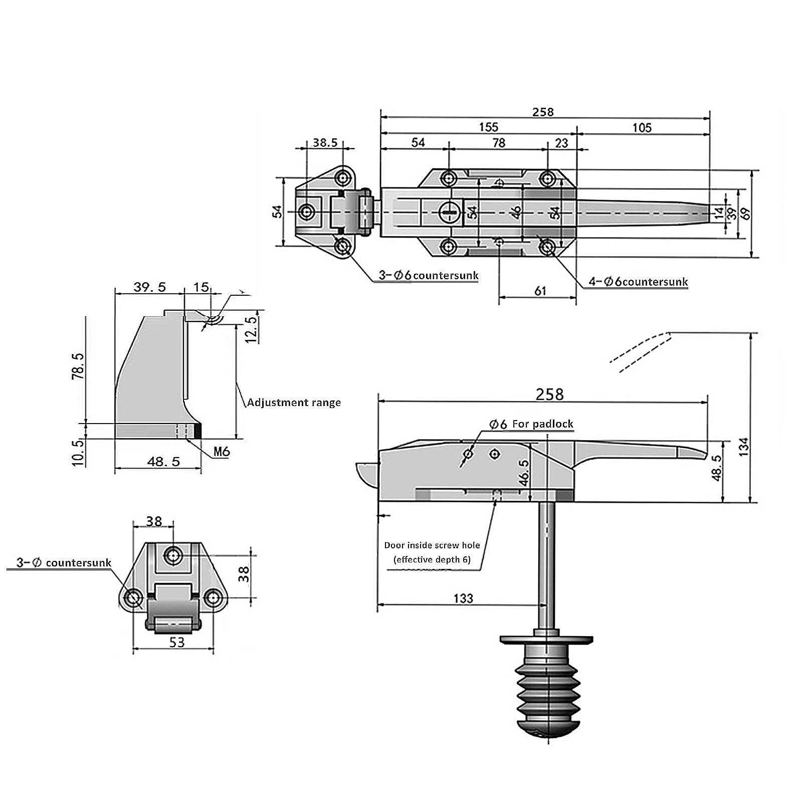 Begehbarer Kühler-Türgriff – Gefrierschrankgriff versetzt -1/5 Zoll bis 1,9 cm Offset-Schlag und 15 cm verstellbar, Gefrierschrank-Sicherheitsriegelgriff, komplettes Set mit Innenauslöser und