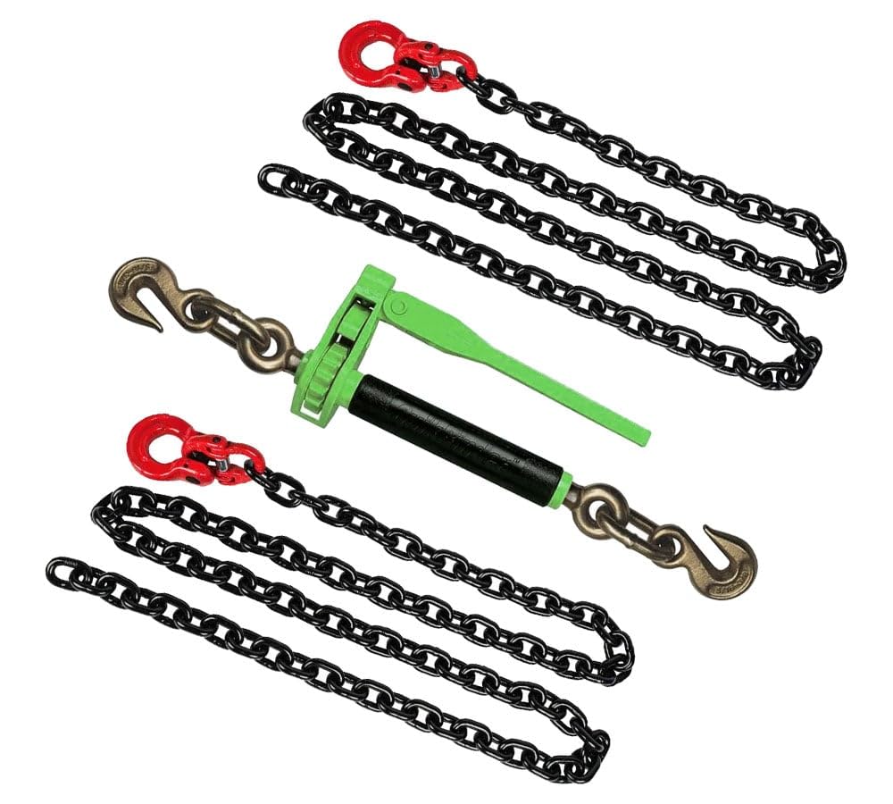 Mytee Products 3/8"x6' (2Pc) G80 Front Axle Chain w/Omega Link and (1Pc) 5/16" - 3/8" Hi-Viz Green Folding Handle Ratchet Load Binder w/Grab Hook