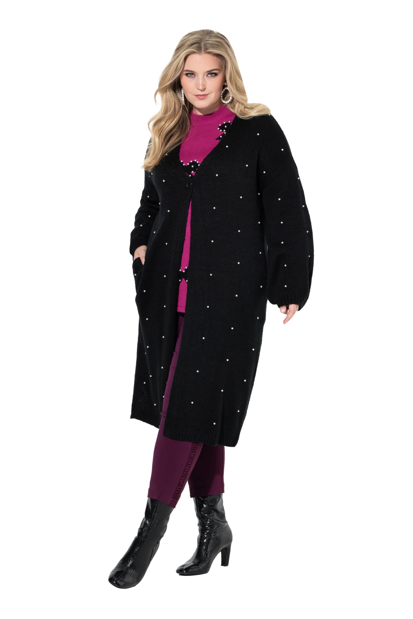 MIAMODA Damen große Größen Übergrößen Plus Size Long-Strickjacke, Zierperlen, Ballon-Langarm 845992