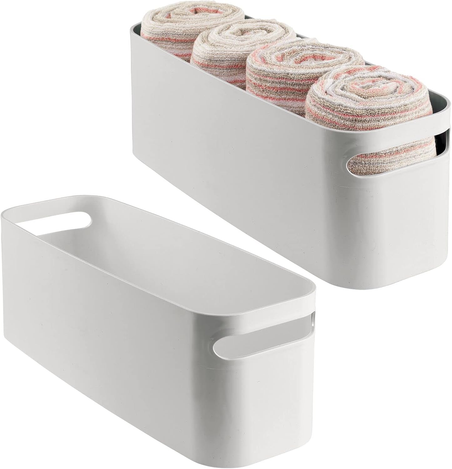 mDesign Large Plastic Storage Bin with Handles for Bathroom Cupboard, Cabinet, Under Sink, Counter; Holds Toilet Paper, Hair Tools, Makeup, Accessories, 16" Long, Aura Collection, 2 Pack, Stone Gray