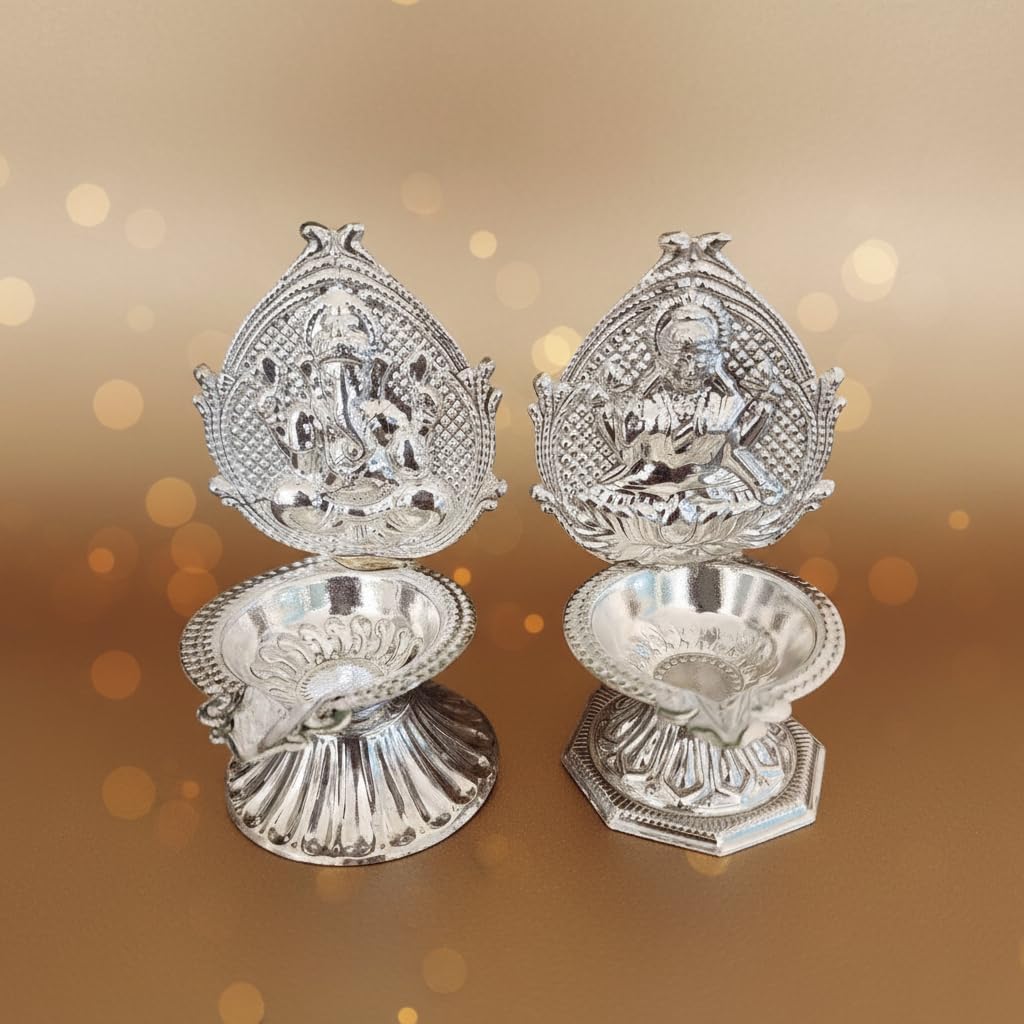 German Silver Lakshmi Ganesha Pooja Diya Set – Pair of 2 | Handcrafted Decorative Oil Lamps for Home Mandir, Temple, Diwali, Festivals & Spiritual Gifting