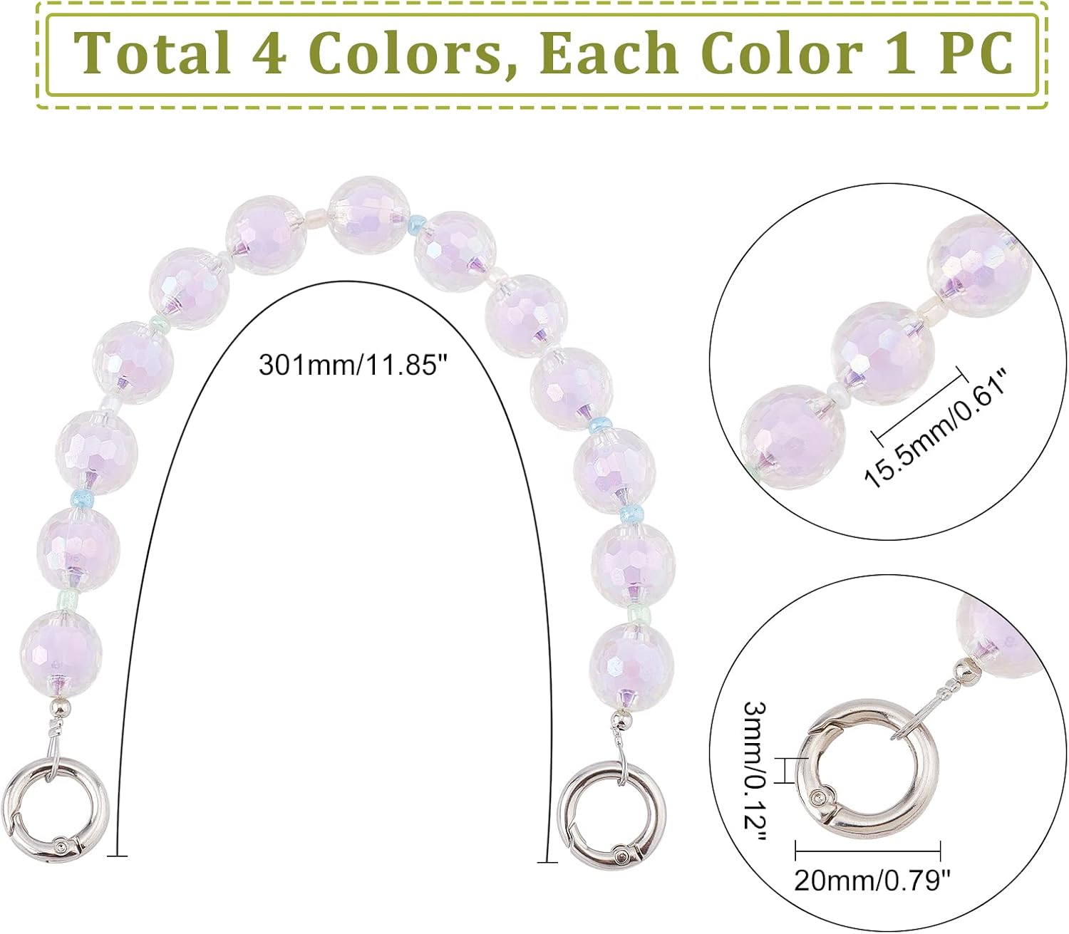WADORN 4 Colors Colorful Bead Bag Handle, 11.8 Inch Candy Beaded Purse Handle Chain Replacement Short Handbag Chain Women Bag Charms Purse Strap Extender Crossbody Bag Decoration Accessories