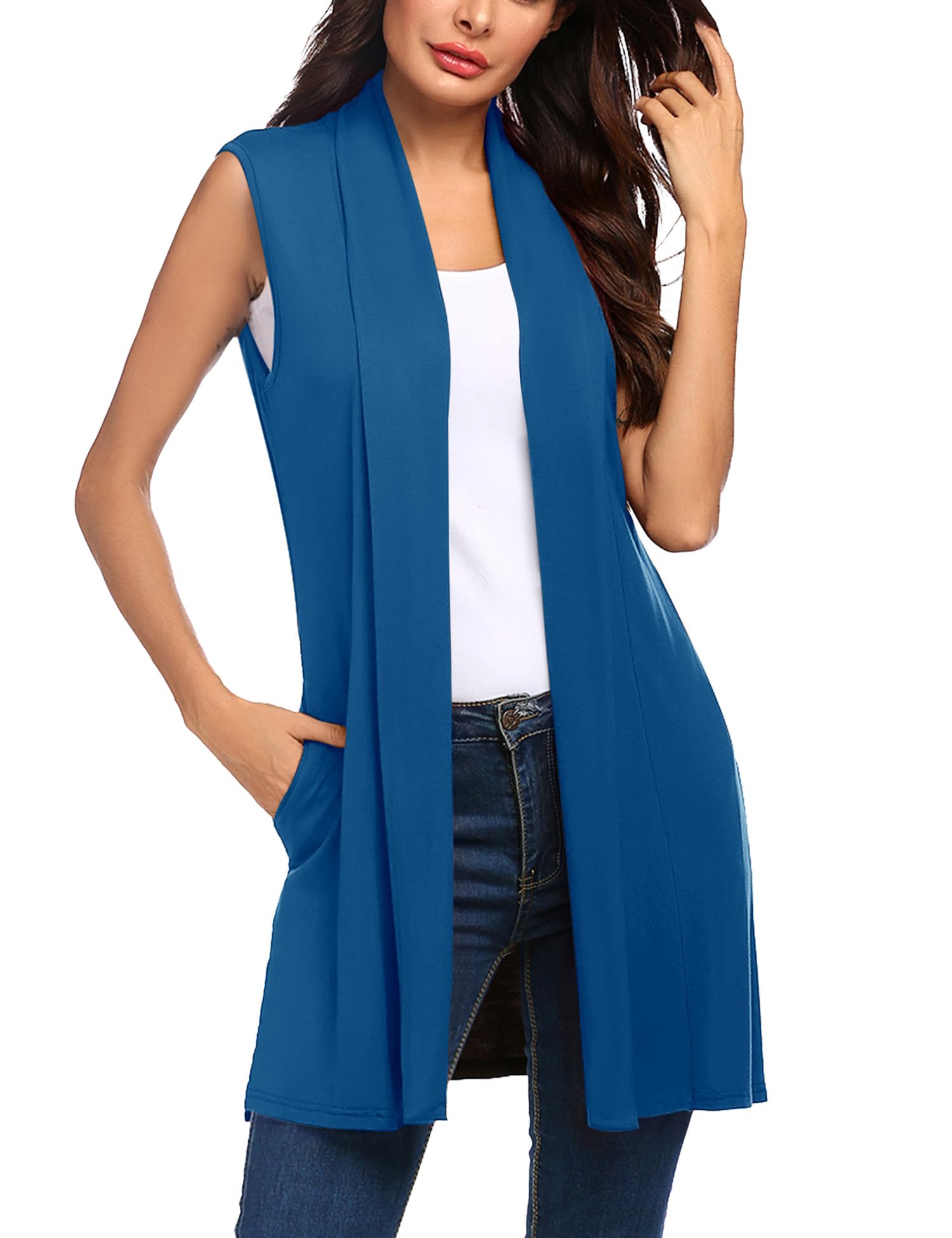 Beyove Womens Long Vests Sleeveless Draped Lightweight Open Front Cardigan Layering Vest with Side Pockets
