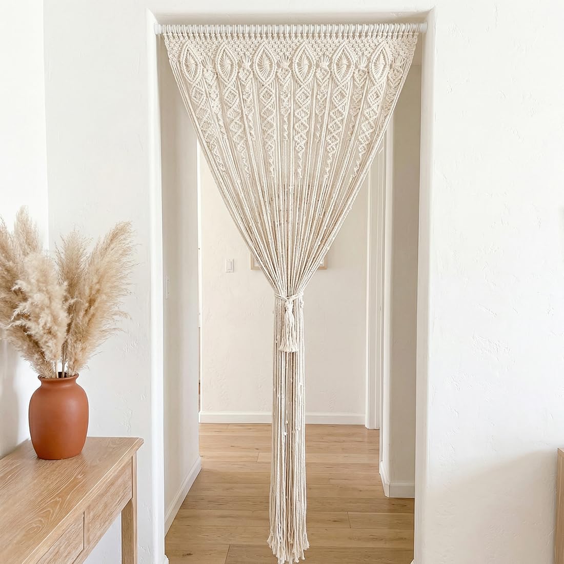 Arazzo da parete in macramè, stile bohémien, tessuto a mano, in macramè, decorazione da parete per divisori, tende per finestre, matrimoni, decorazioni da parete per la casa, beige (35 x 70 cm)
