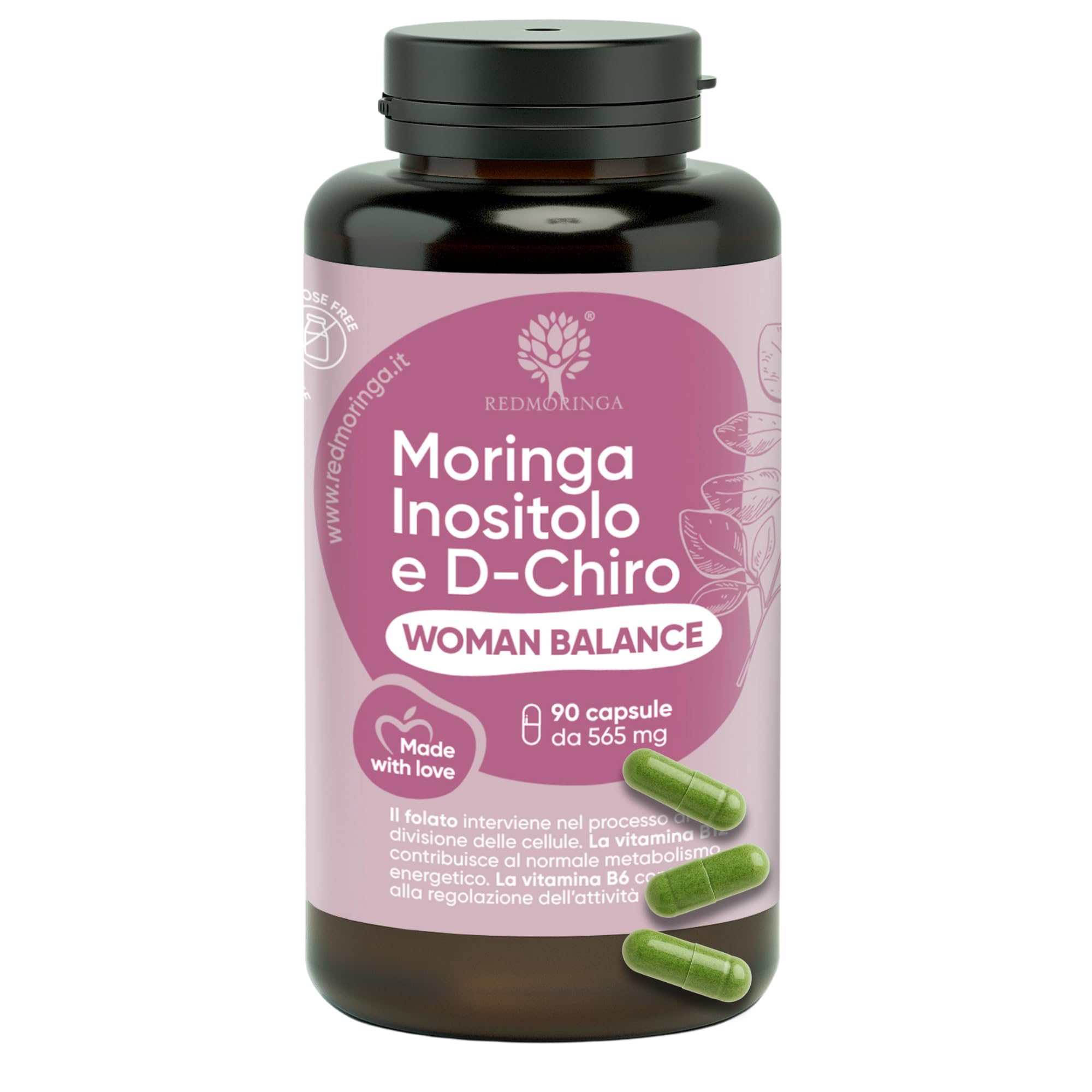Myo INOSITOLO + DChiro per PCOS con Acido Folico, Vitamine B12, B6, D e Moringa BIO | Integratore Woman Balance Ovaio Policistico, Regolarità Ciclo, Migliore Ovulazione | 90 Capsule - RedMoringa