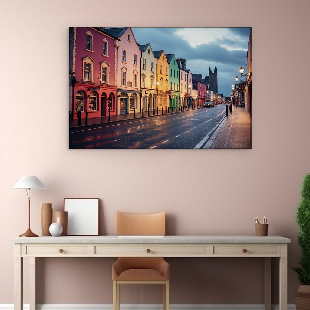 Canvas for Living room. Dusk Descends on a Rain-Freshened Townscape, 27 x 18 inch Canvas Wall Art - Skylines And Cityscapes - Modern Home Decor