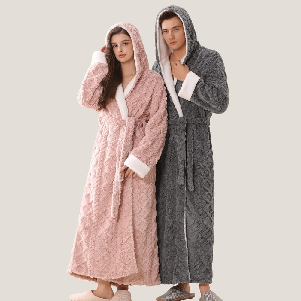 Batas largas de Felpa con Capucha para Hombre y Mujer Albornoz de Invierno Suave Esponjoso y cálido Bata de casa de Forro Polar para Parejas,Women Blue,L