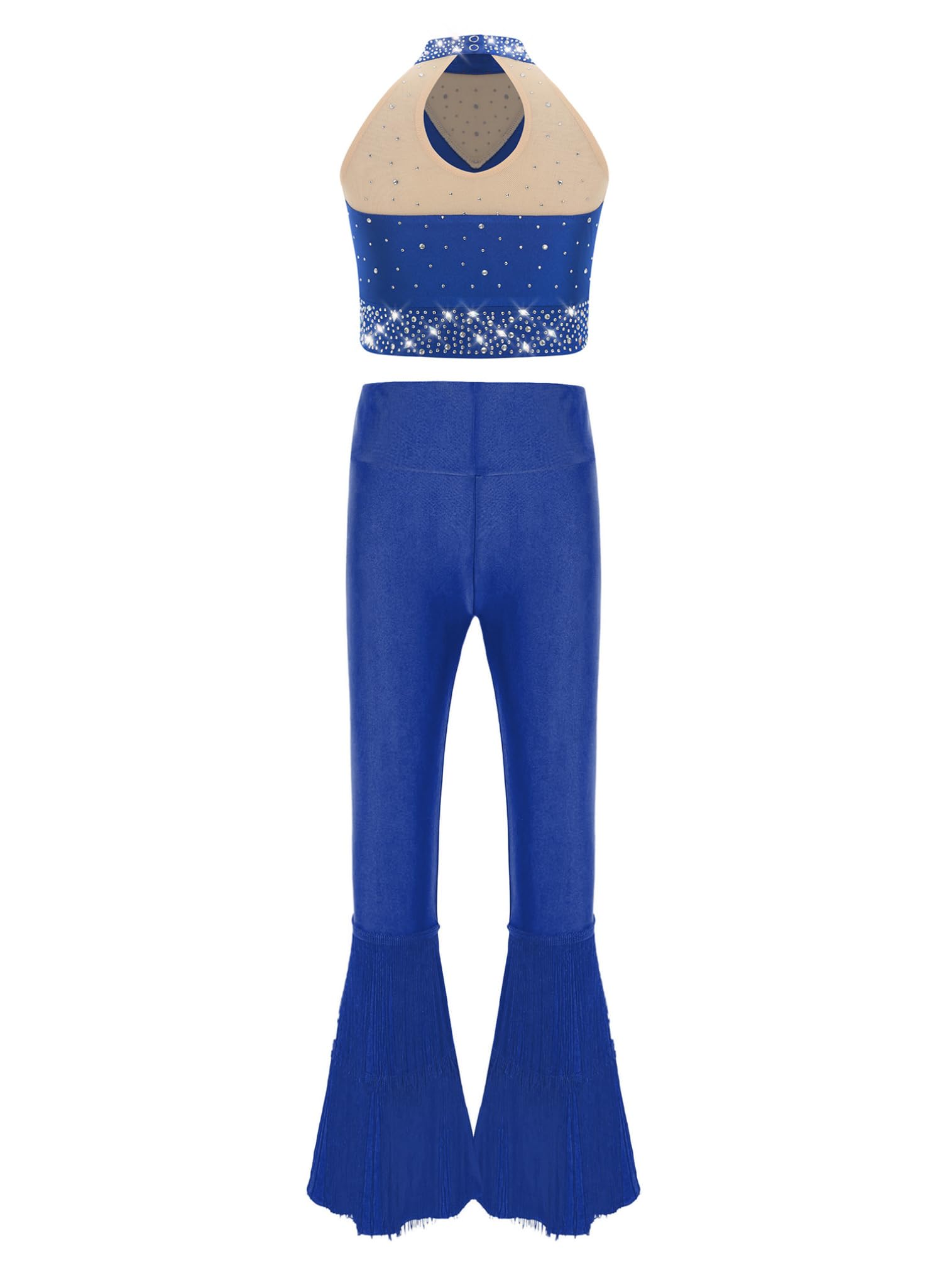 easyforever Kids Girls Sparkly Rhinestone Mock Neck Ballet Dance Crop Tops and Tassel Bell Bottom Pants Set Dancewear Blue 12 Years