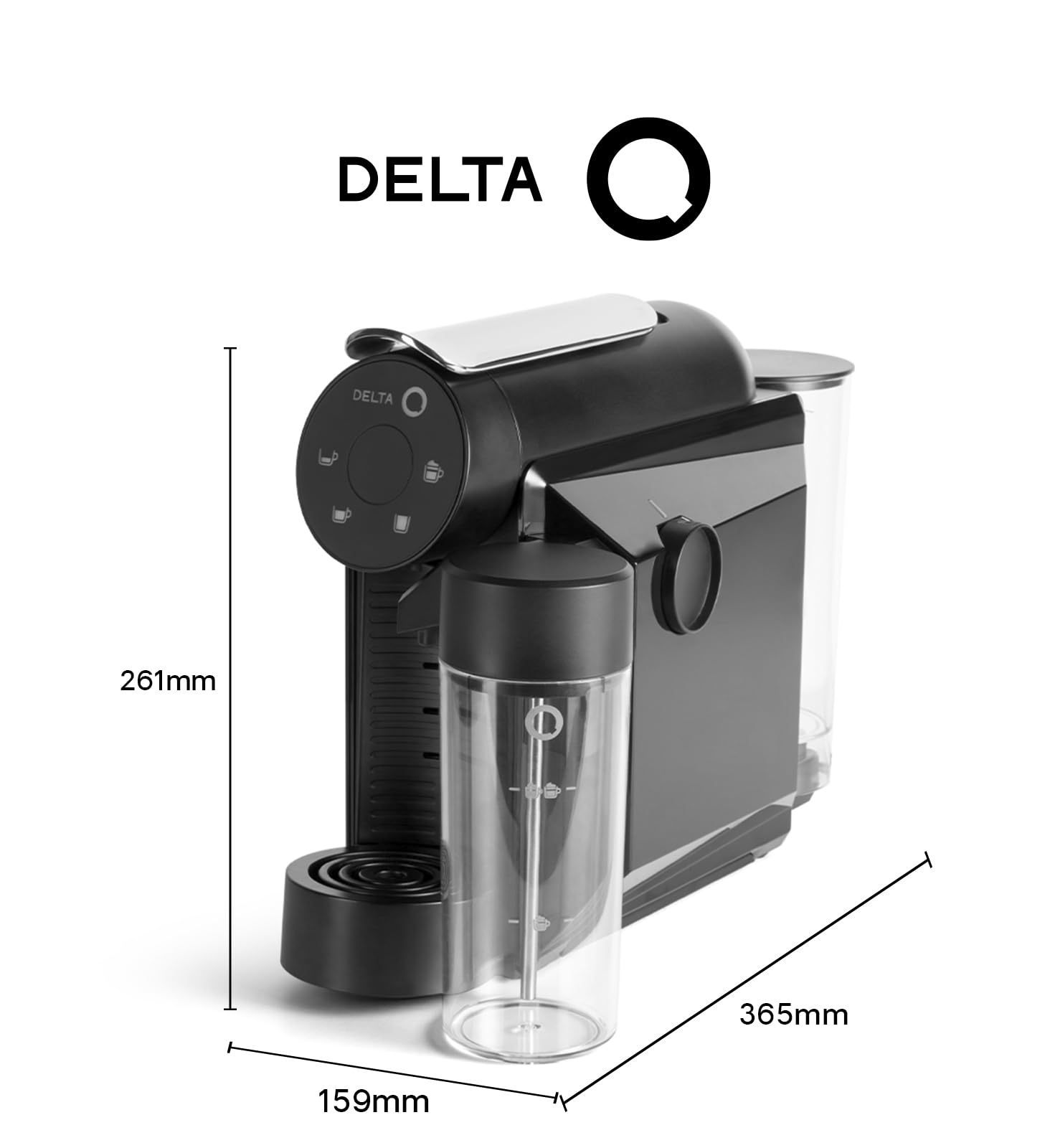 Delta Q | Cafetera Cápsulas Mini MilkQool Negro 20 Bares 0,6 L | Depósito de Leche, 40 Cápsulas Intensidad 10 + 10 Descafeinado