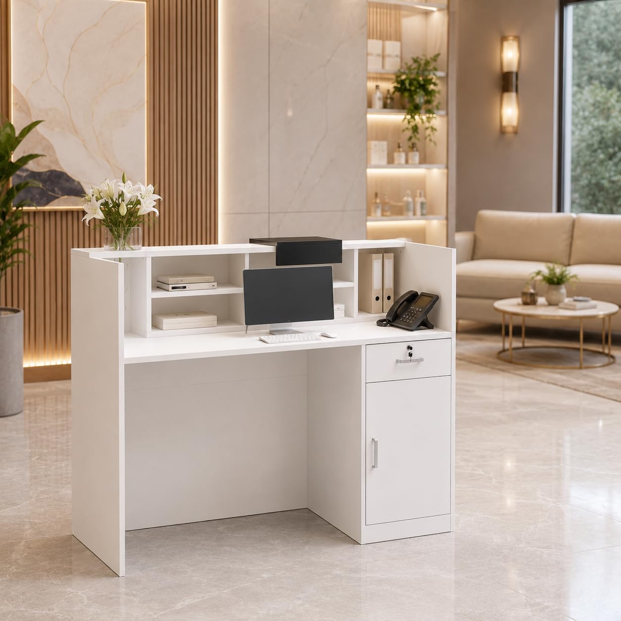 Mostradores de recepción, mostradores de recepción, mostrador de recepción con estante extraíble, mostrador de recepción, mostrador de recepción con placas decorativas negras, muebles de