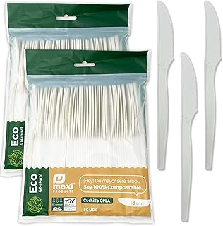 Eco Natural 100 couteaux réutilisables biodégradables, 100 pièces (18 cm) Hygiéniquement emballés, compostables, sans BPA. 100 % écologique.