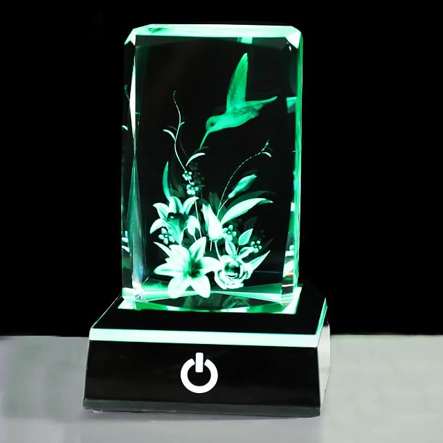 3D Crystal Gift for Women Engraved Lily Flower and Hummingbird Figurines Keepsake Glass Animal Night Light Ornament Birthday Gifts for Mum Friends Men