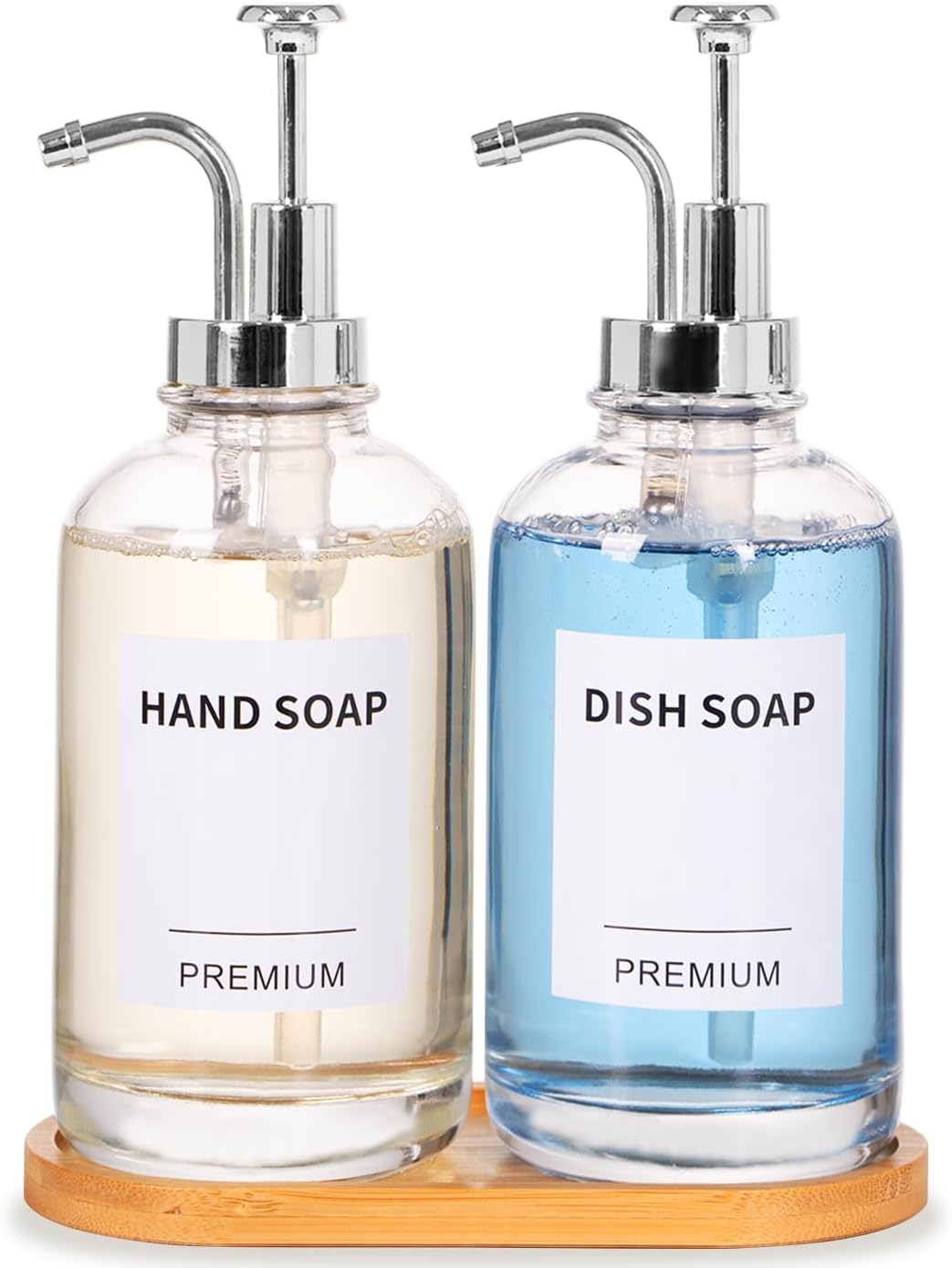 Dish Soap Dispenser for Kitchen, Hand Glass Soap Dispenser Set with Pump, Tray, Funnel for Bathroom, Shower, Laundry, Liquid, Lotion (Silver 2 Pack 18 Oz Clear Bottles with 12 Stickers)