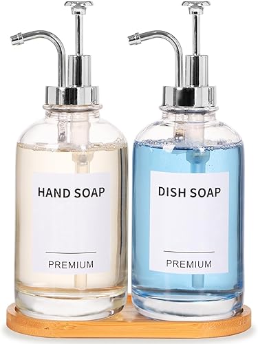 Dish Soap Dispenser for Kitchen, Hand Glass Soap Dispenser Set with Pump, Tray, Funnel for Bathroom, Shower, Laundry, Liquid, Lotion (Silver 2 Pack