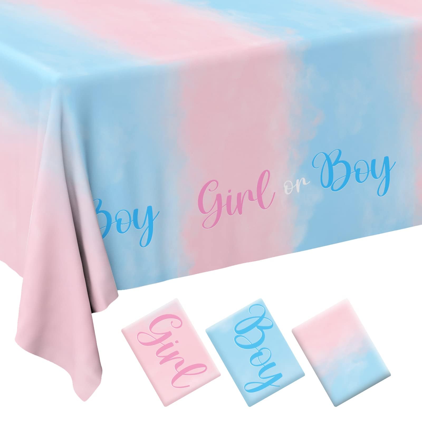 KASTWAVE Gender Reveal Tablecloths, 3 Pack Disposable Plastic Table Covers, Rectangular, 54" x 108", Pink & Blue Watercolor, Baby Shower & Birthday Party Decorations