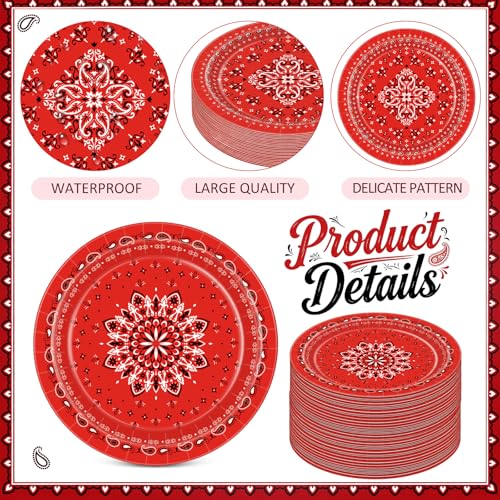 Image of Funnymoom 60 Pcs 7 Inch Red Bandana Western Paper Plates Western Party Decorations Paisley Cowboy Cowgirl Farm Disposable Plate for Dessert Cake, Bandana Floral Rodeo Wild West Birthday Party Supplies