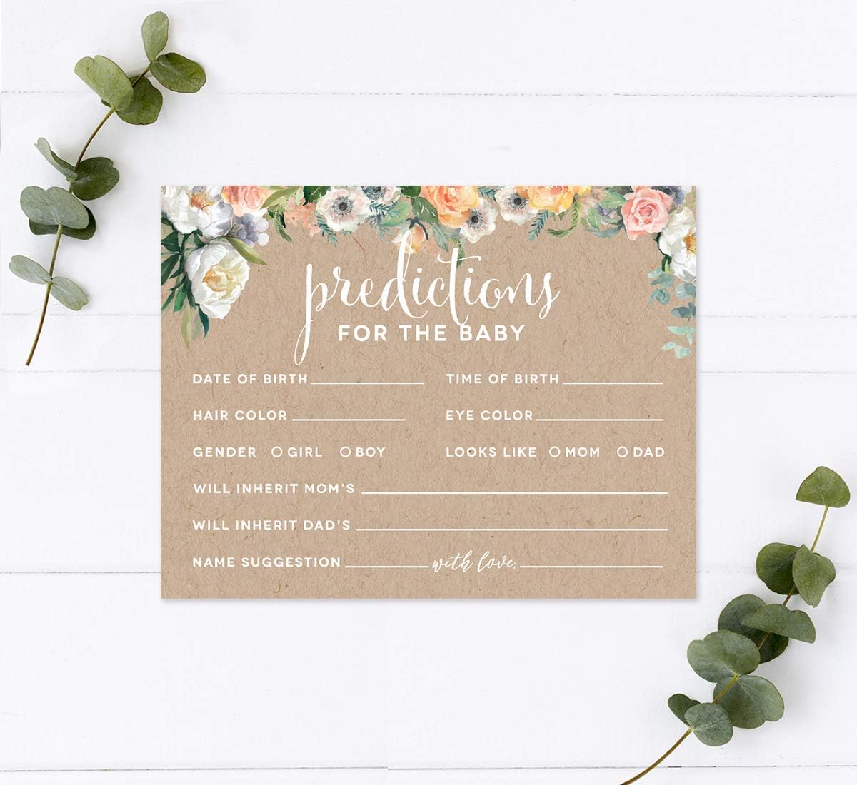 Andaz Press Peach Kraft Brown Rustic Floral Garden Party Baby Shower Collection, Predictions for Baby Cards, 20-Pack, Games Activities and Decorations