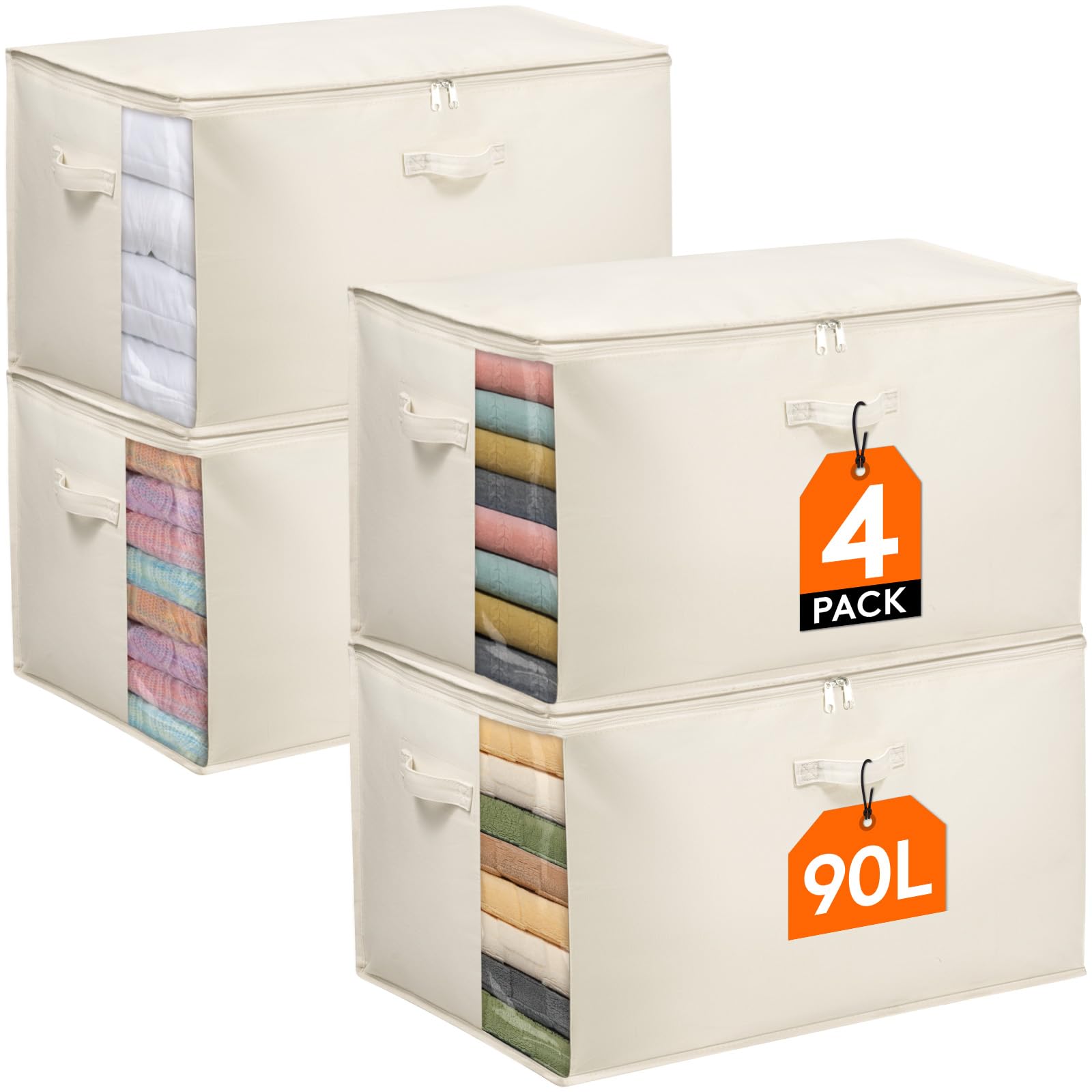 Lifewit Juego de 4 Cajas Almacenaje Ropa 90L, Bolsas Plegables para Guardar Ropa con Ventana Transparente, Bolsas Almacenaje para Armario, Edredón, Mantas y Mudanza, Beige