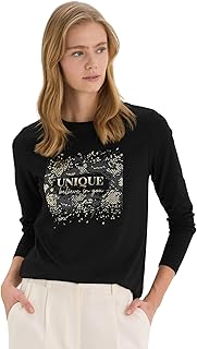 ديفاكتو تي شيرت نسائي تقليدي بقصة عادية ورقبة دائرية واكمام طويلة محبوك واكمام طويلة، لون اسود، مقاس XL