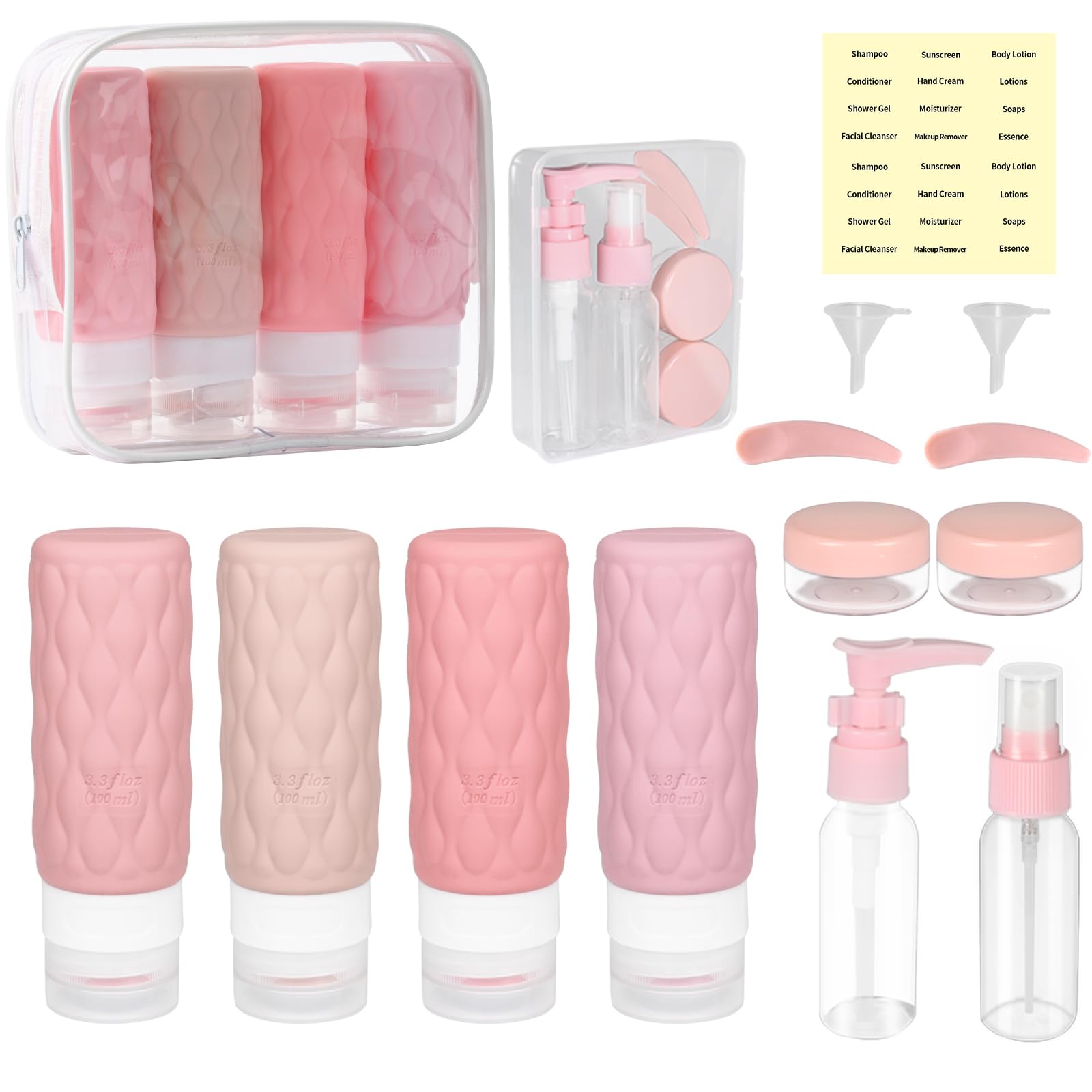 8 Pezzi Set Contenitori da Viaggio per Liquidi 100 ml, Ricaricabili Bottiglie da Viaggio in Silicone, Flaconi da Viaggio senza BPA, Boccette per Bagno, Kit Aereo per Shampoo, Crema, Lozione