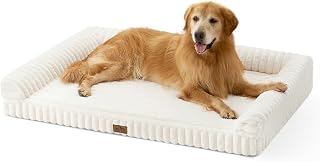 COZYKISS Extra Large Orthopedic Dog Bed with Faux Rabbit Fur Sides, Waterproof Washable Cover, 48x35x7.5in Cream Pet Couch for Big Dogs
