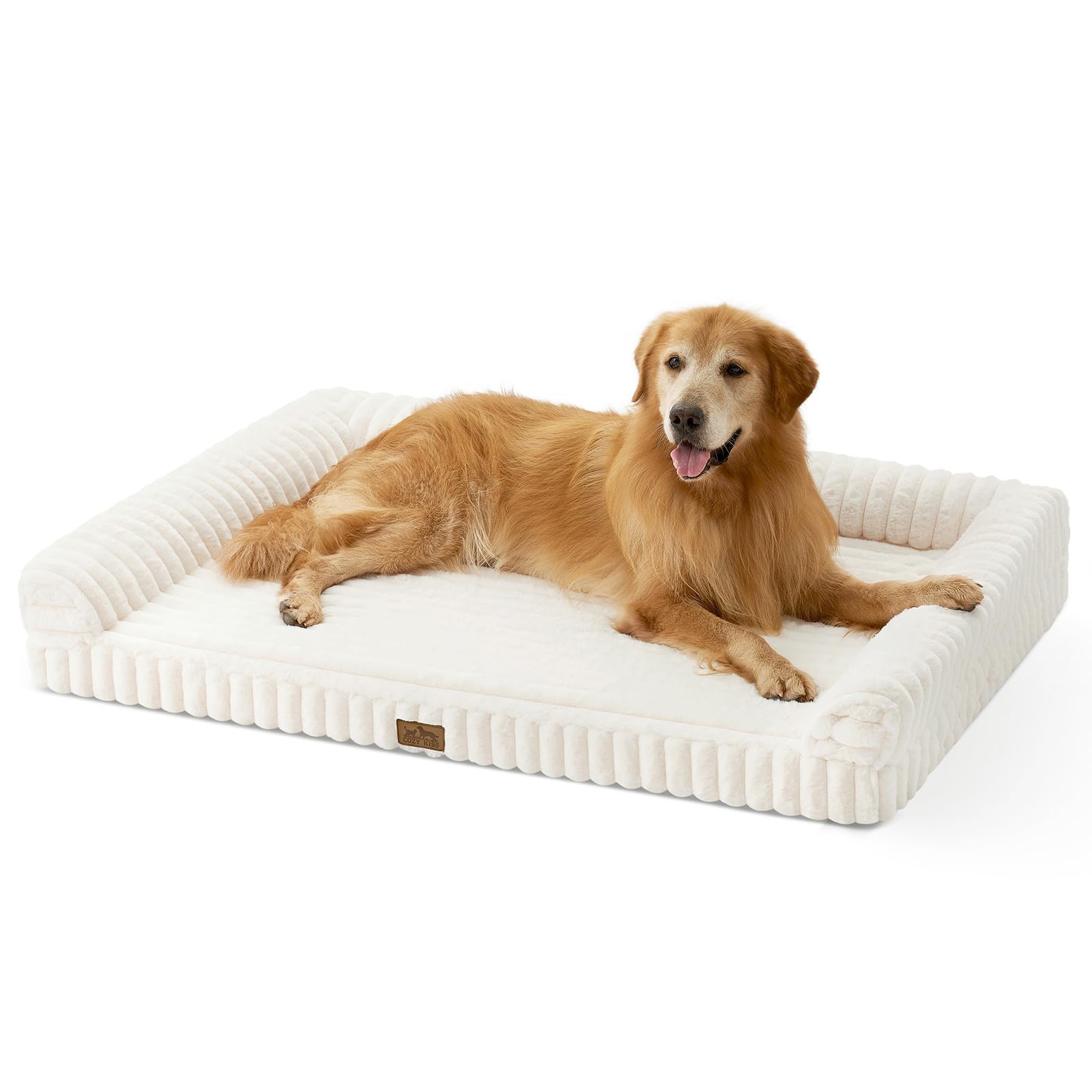 COZY KISS Cute Dog Bed for Extra Large Dogs, Faux Fur Orthopedic Foam Dog Bed with Sides, Removable Washable Cover & Waterproof Lining, Comfortable Pet Couch, Cream (48" L x 35" W x 7.5" Th)