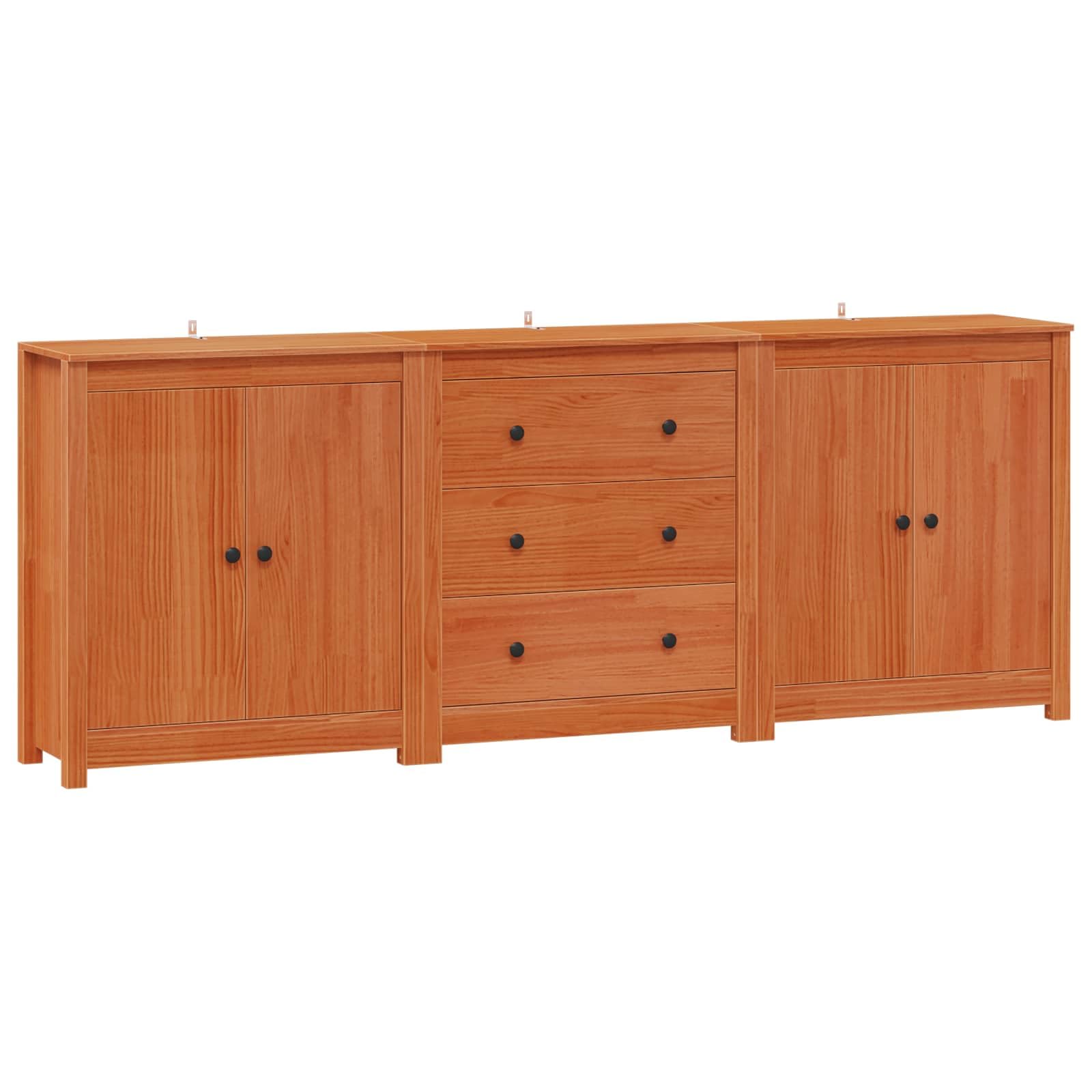 Set di 3 credenze in legno massello di pino marrone cerato, 210 cm