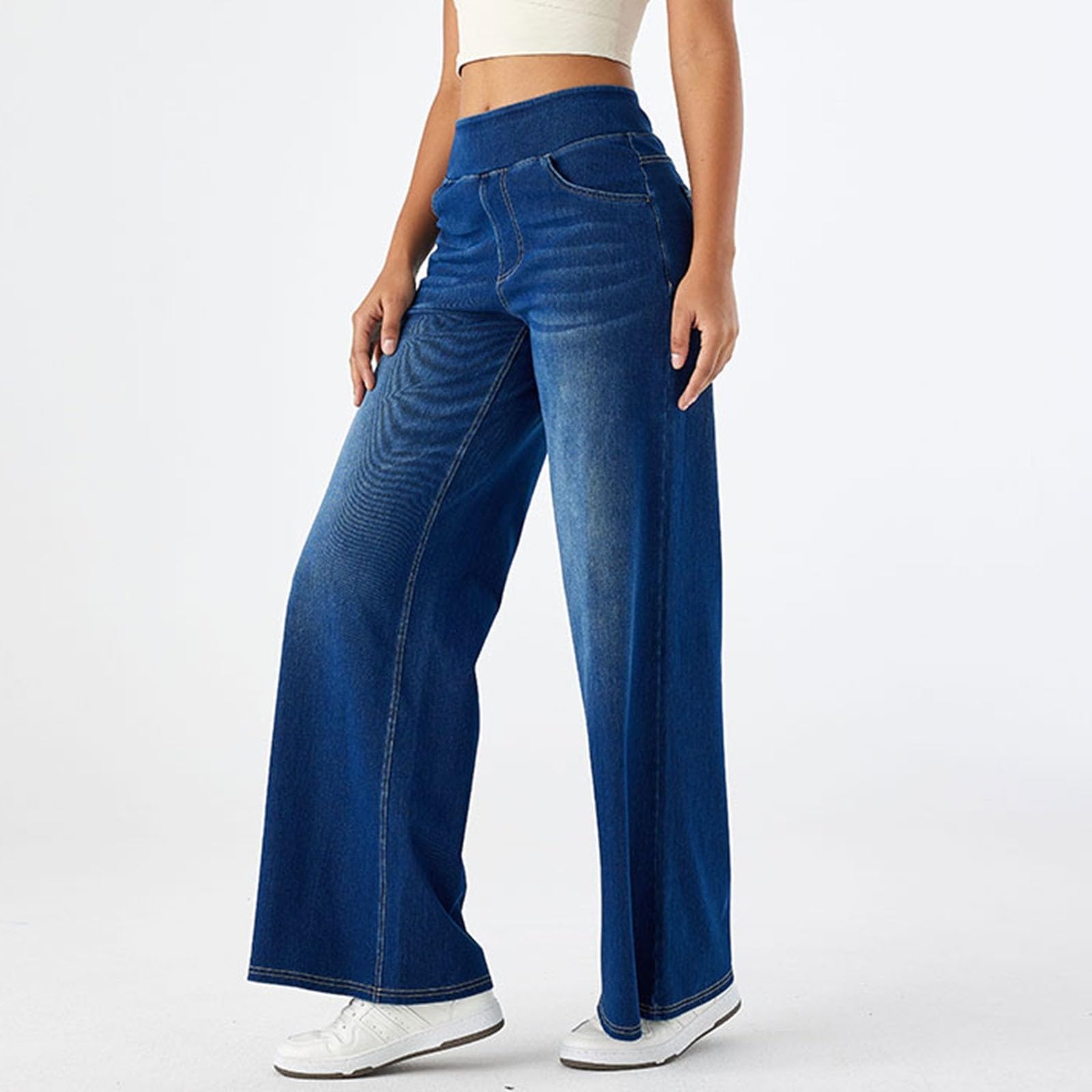Generisch Jean 2026 à jambes larges pour femme - Taille haute - Extensible - Coupe droite