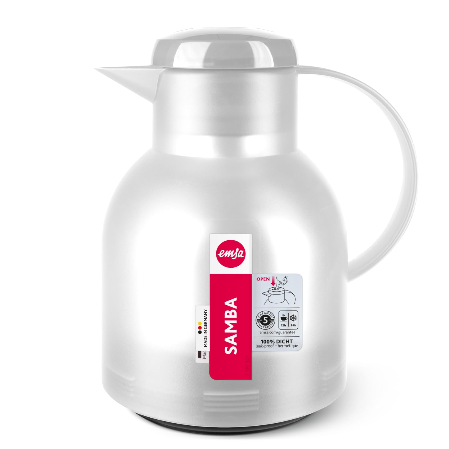 Emsa Samba Isolierkanne 504687 | 1 Liter | Quick Press Verschluss | 100% dicht | 12h heiß, 24h kalt | Transluzent Weiß