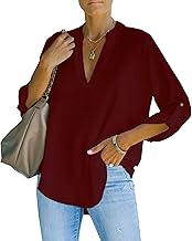 NONSAR Henley Women's Elegant V-Neck Roll Up Sleeve Casual Blouse