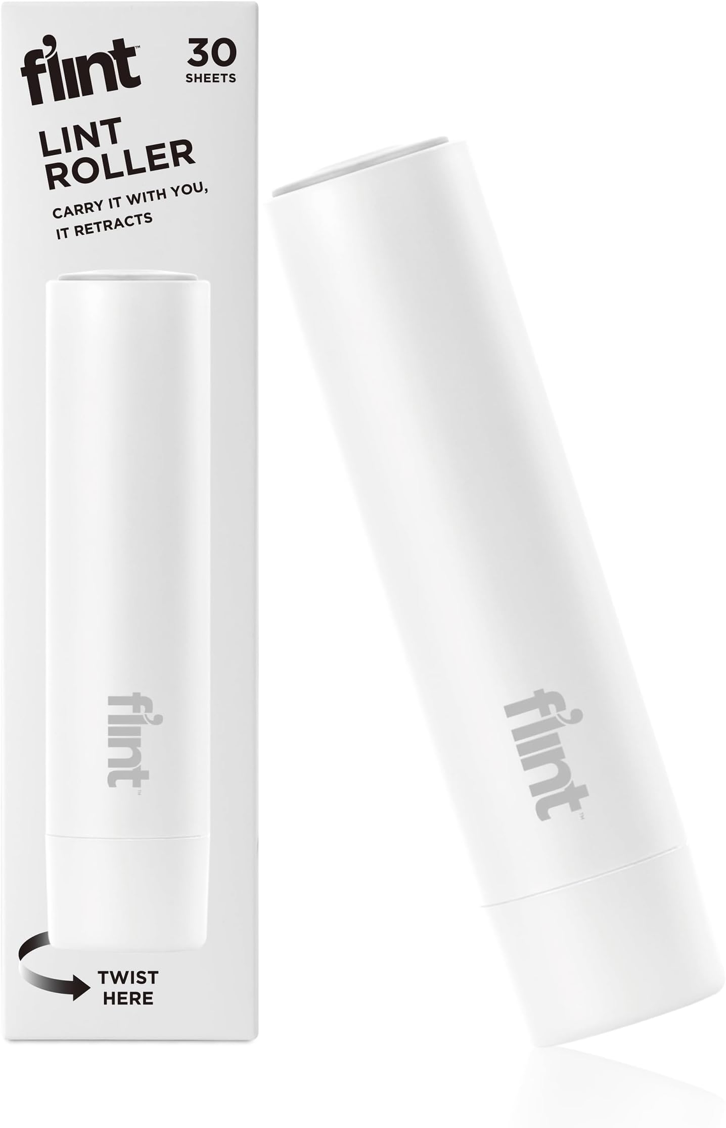 Flint Classic White Retractable Mini Lint Roller with 30 Extra Sticky Sheets, Small and Portable Lint Roller, Ideal Pet Hair Remover, Travel Lint Rollers for pet Hair Extra Sticky