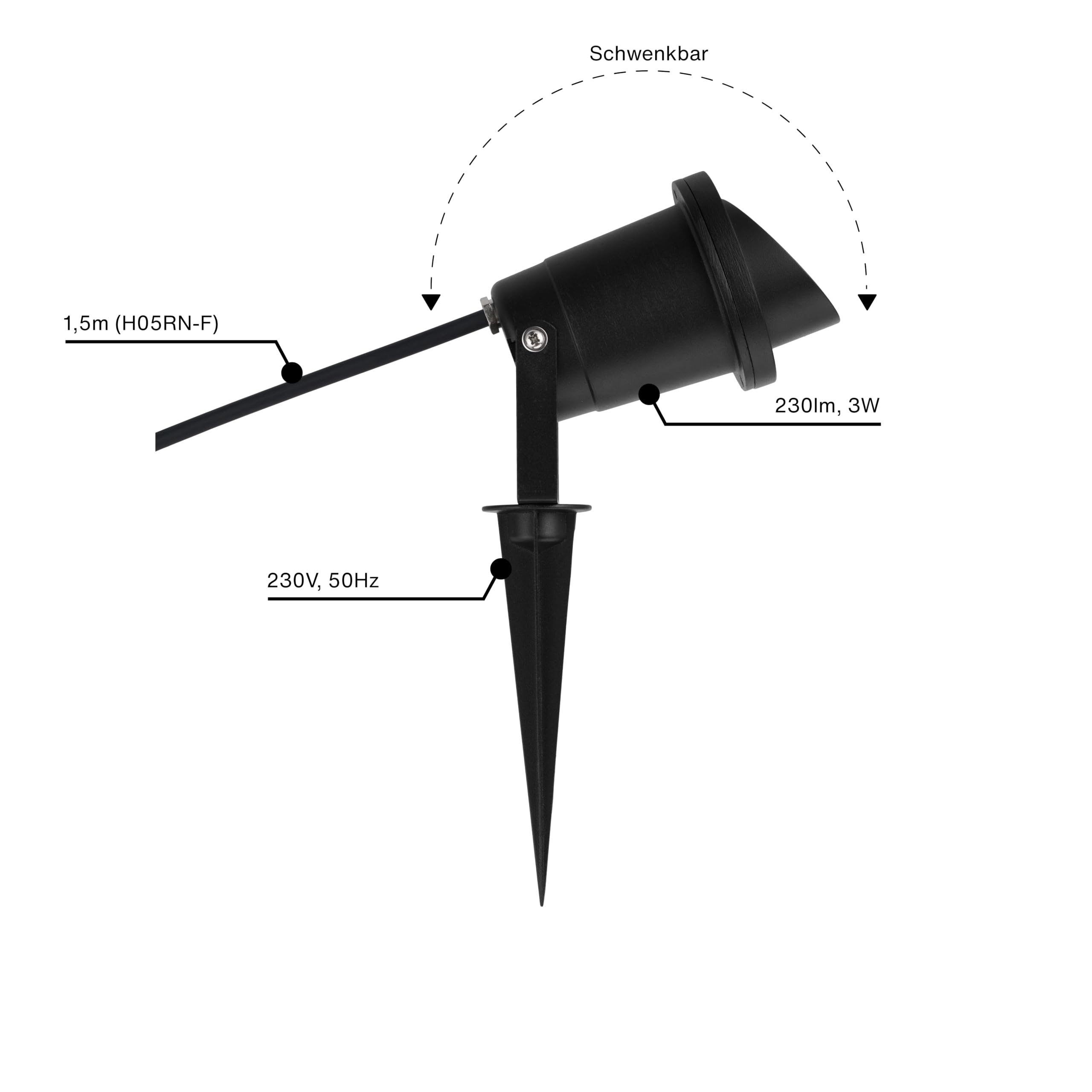REV Juego de iluminación de jardín (12 luces orientables para senderos, carcasa de aluminio IP65, 230 lm, 3 W, cable de 1,5 m, altura de 34 cm), color negro