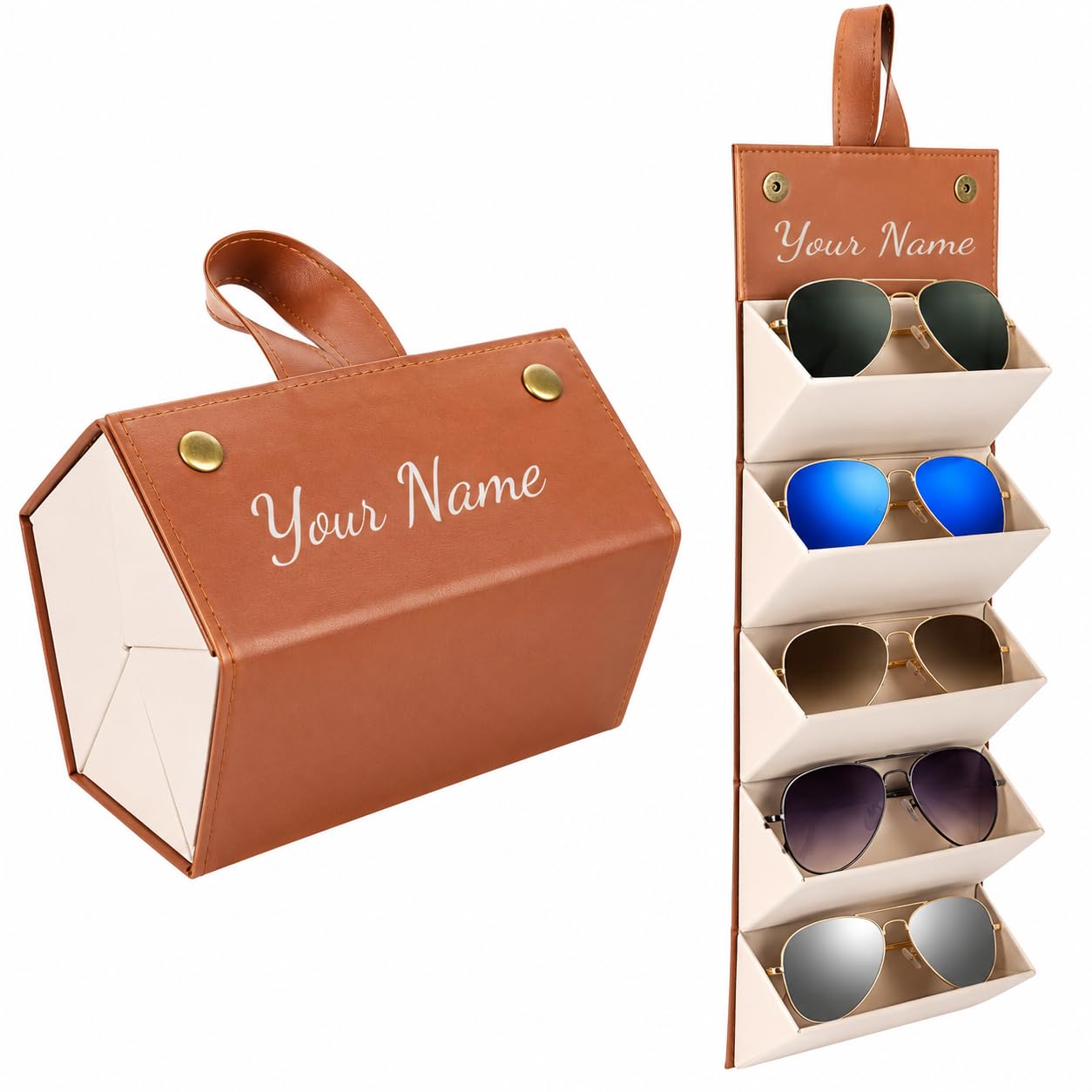 personalized foldable eyeglasses organizer case for 5 glasses | custom name printed travel sunglasses storage holder with hanging strap | portable leatherette eyewear display case