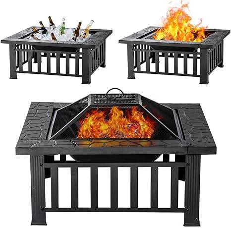 Fire Pit Table 32 Inch Square Metal Stove for Patio, Backyard, Garden | Multifunctional Outdoor Fireplace for Camping, Heating, Bonfire & Picnic