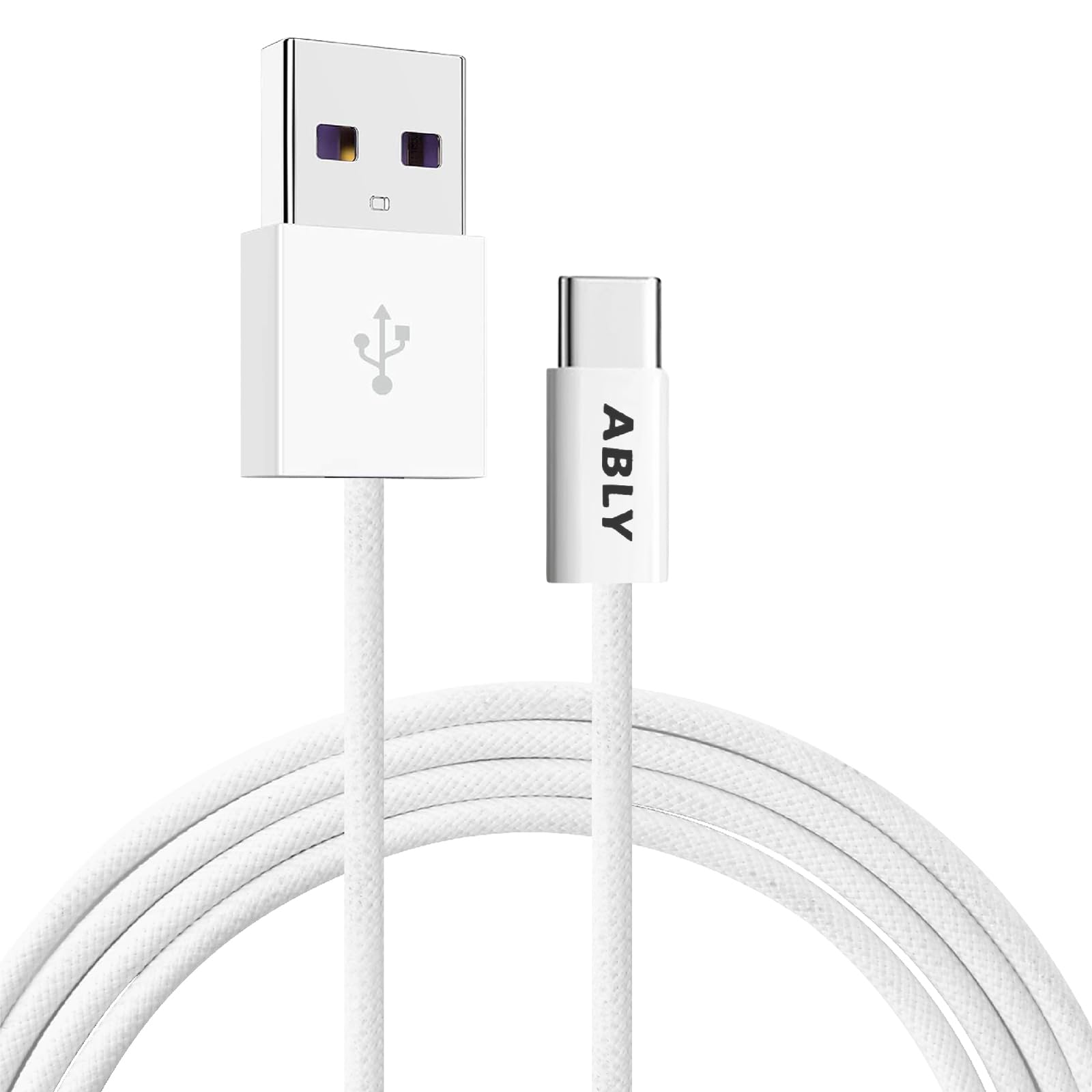 ABLY USB-A to USB-C Fast Charging Cable, Braided Nylon, Compatible with iPhone 15/16, 4.9ft, White