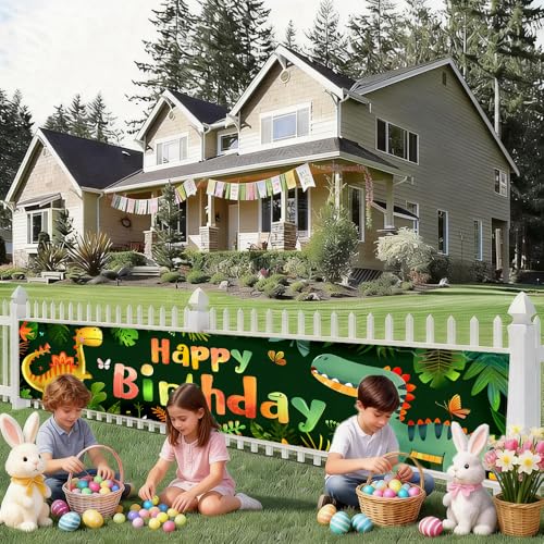Image of Dinosaur Birthday Outdoor Banner 78.7 x 17.7 Inch Green Jungle Cartoon Dinosaur Pattern Party Decoration for Yard Garden Fence Porch Patio or Outdoor Celebration Display