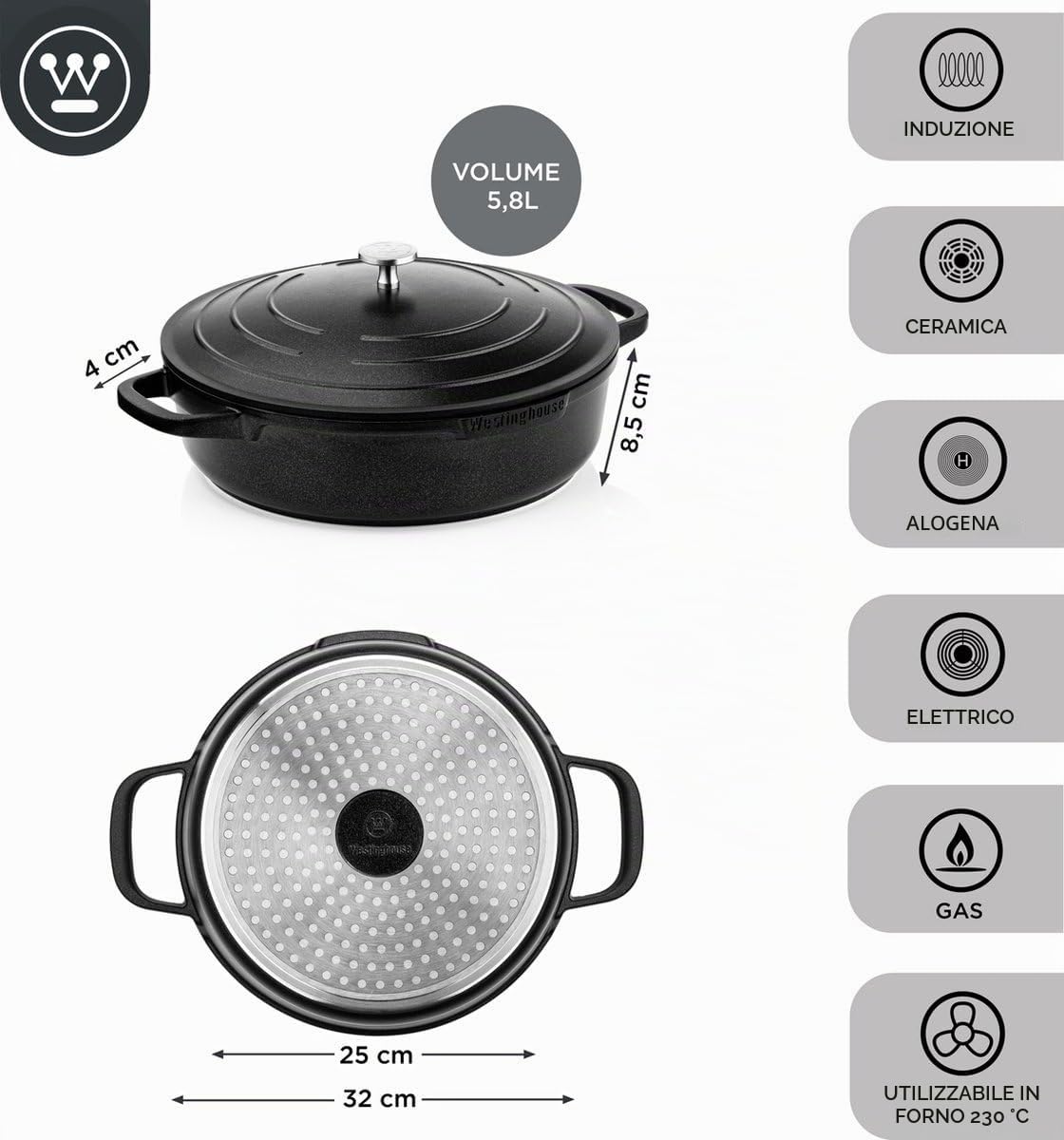 Westinghouse Performance Series Tegame Induzione - Padelle Antiaderente 32cm - Alluminio Pressofuso - Adatto a Tutti i Tipi di Fornelli e Forno - con Manico Morbido al Tatto Acciaio Inox - Nero