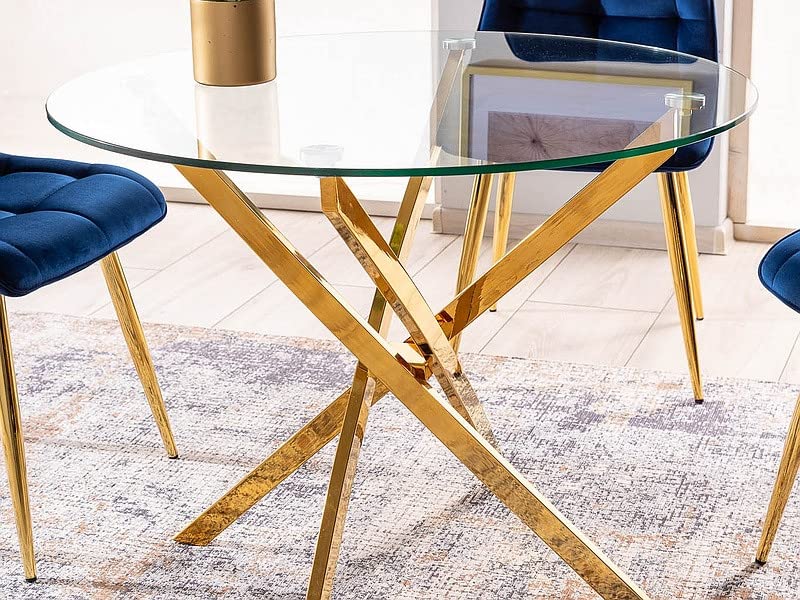 Table à Manger Ronde en Verre Trempé Et 4 Pieds en Métal Doré - D 90 X H 75 Cm