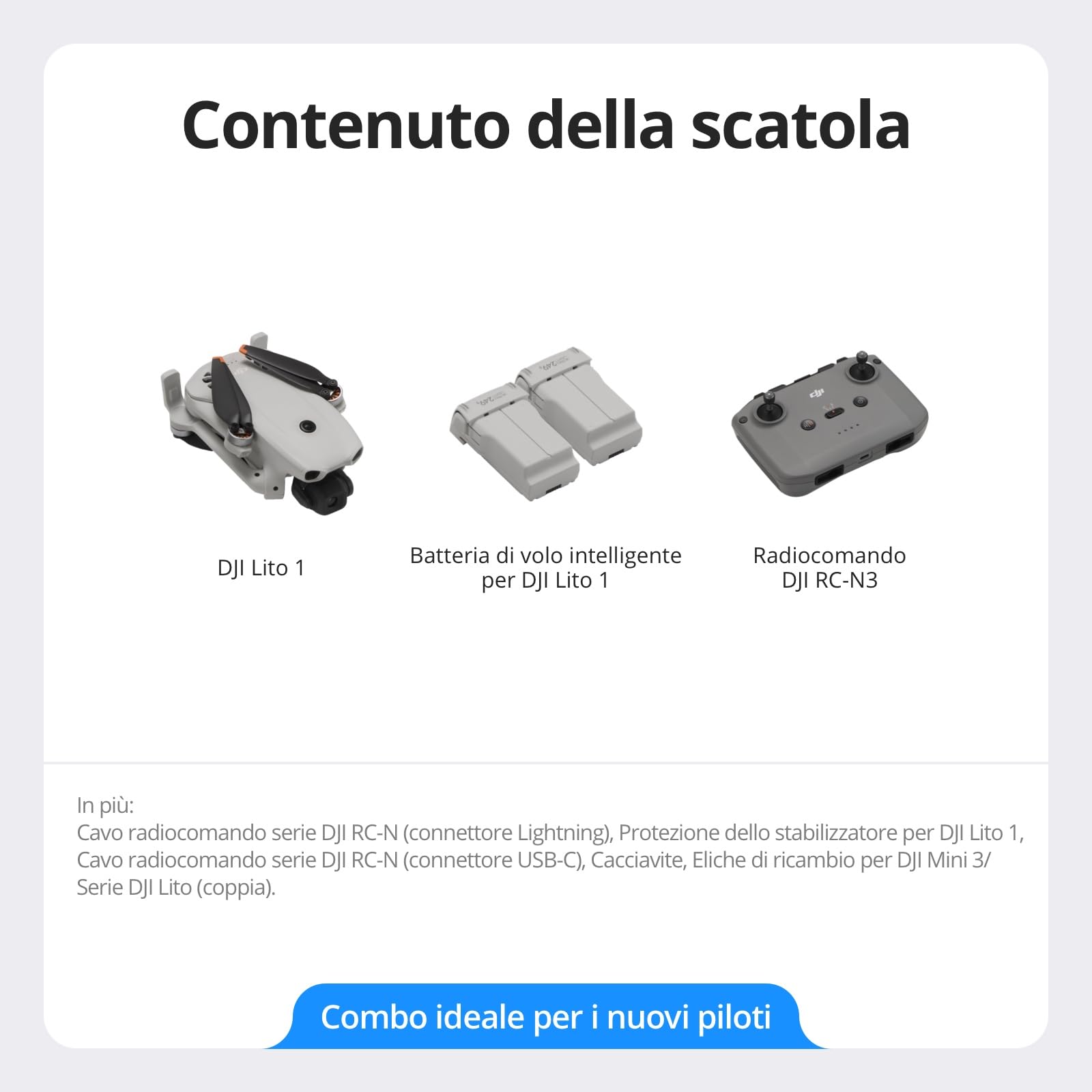 DJI Lito 1 Combo Due Batterie con DJI RC-N3, drone con fotocamera 4K per principianti, rilevamento degli ostacoli, ActiveTrack, video 4K e immagini 8K, leggero per adulti, trasmissione video 15 km, C0