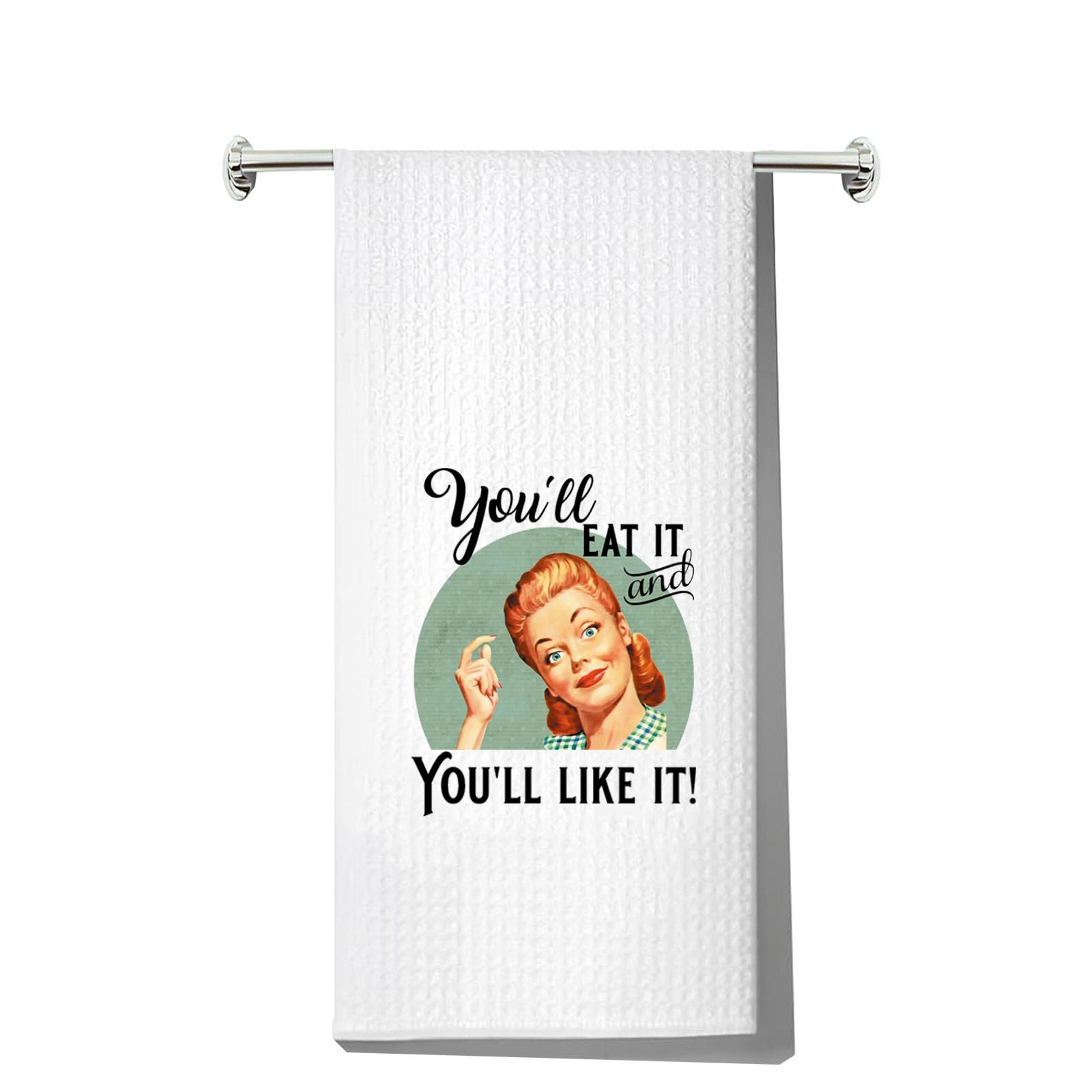 LEVLO Retro Housewives Food Dish Towel Retro Housewife Gift You'll Eat It and You'll Like It Waffle Weave Dish Towel Kitchen Decor (You'll Eat It Towel)