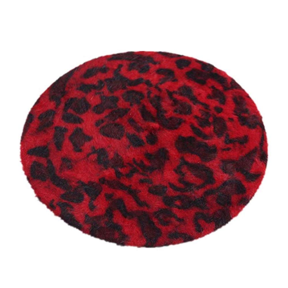 YAKEFJ Women’s French Style Vintage Leopard Print Wool Soft Winter Warm Beret Beanie Hat Red